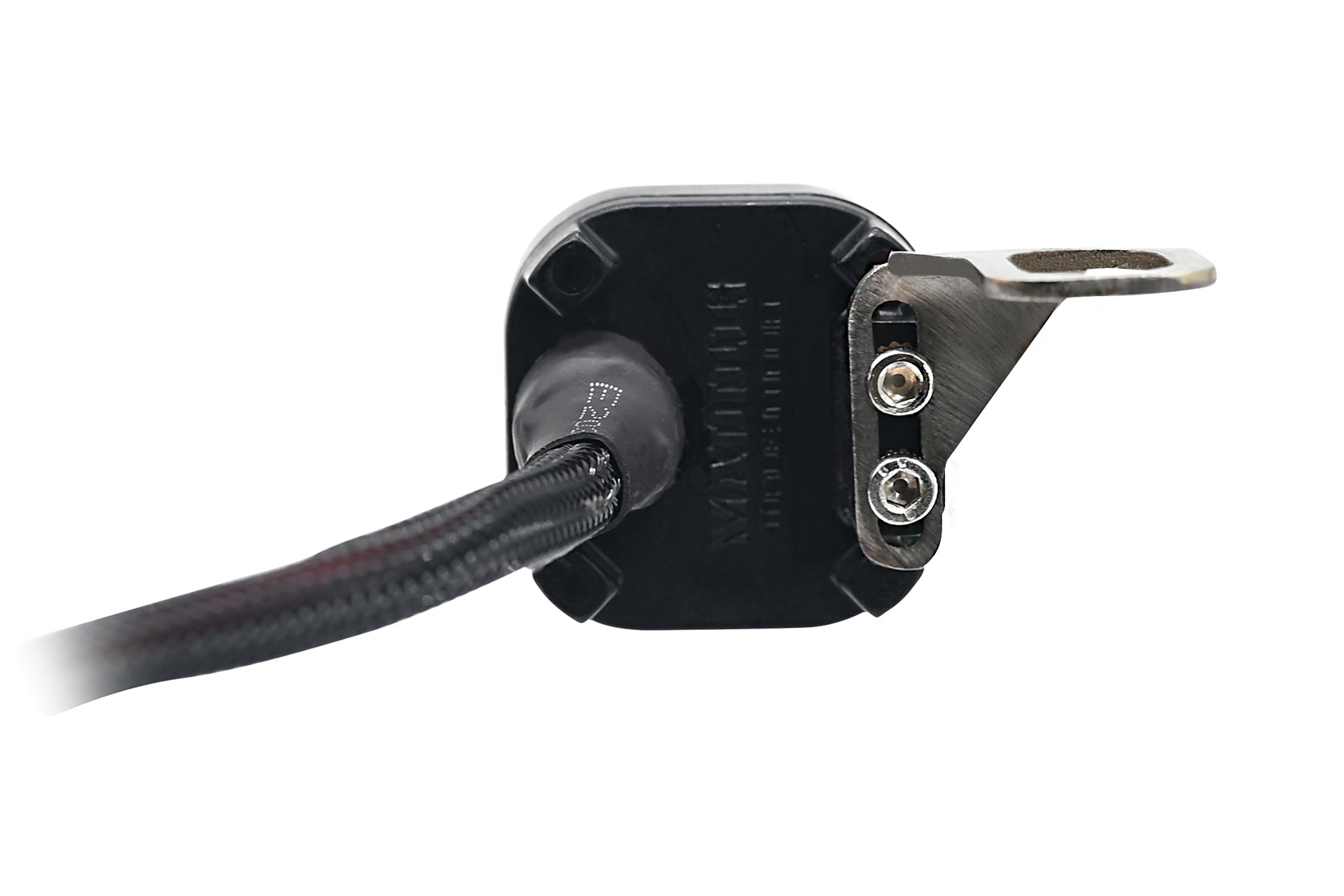 Black switch cable connector with metal terminals and mounting clamp plate