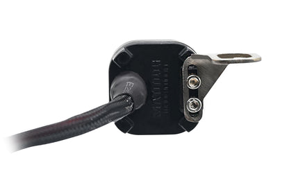 Black switch cable connector with metal terminals and mounting clamp plate