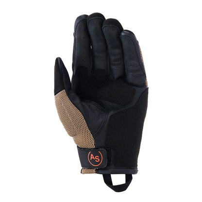 Motorcycle gloves in black with khaki mesh palm and wrist strap, As logo