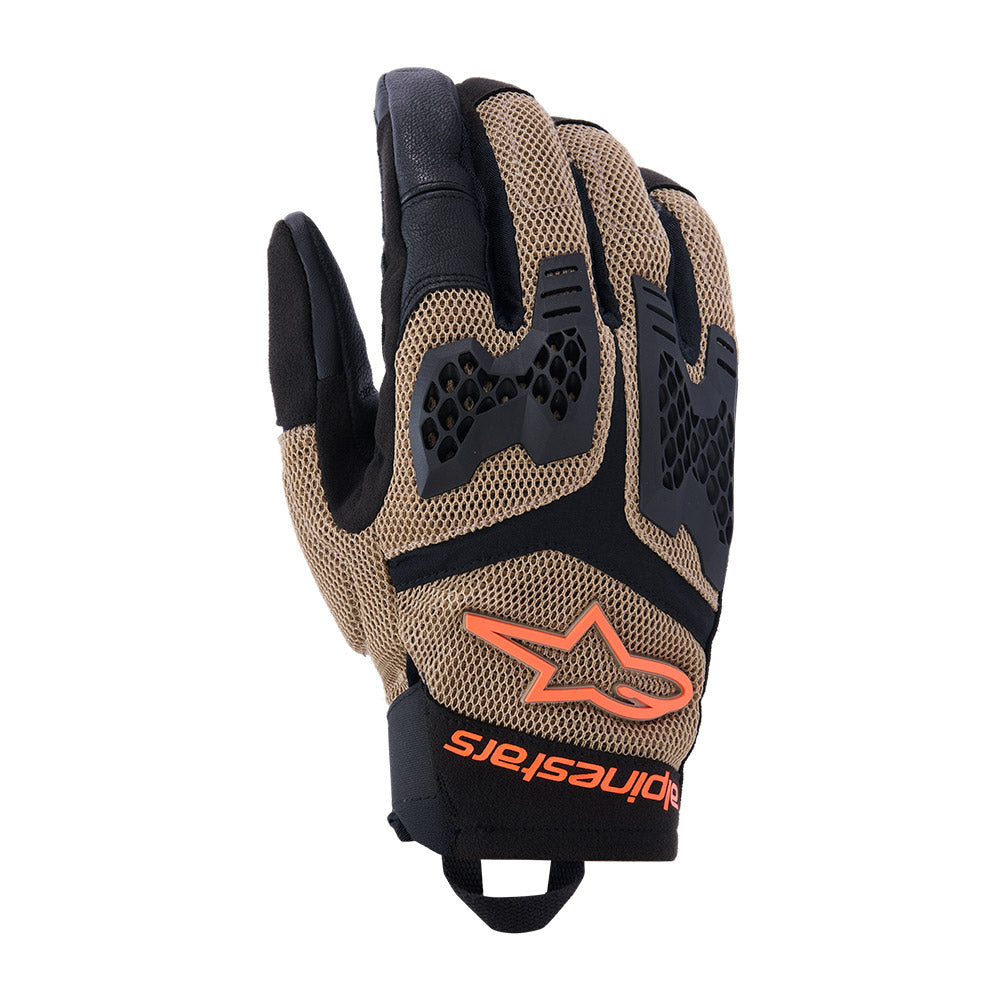 Motorcycle gloves black with khaki mesh back, orange Alpinestars star and logo