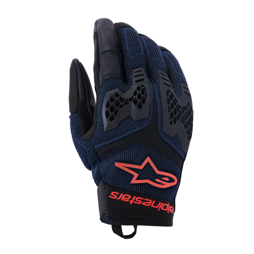 Motorcycle gloves with blue mesh palm, black back, red logo accents