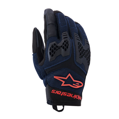 Motorcycle gloves with blue mesh palm, black back, red logo accents