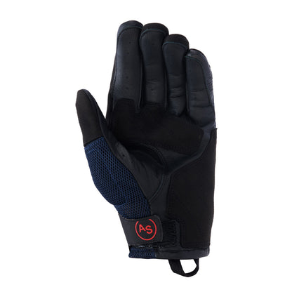 Motorcycle gloves, black back with blue mesh sides, red AS logo patch