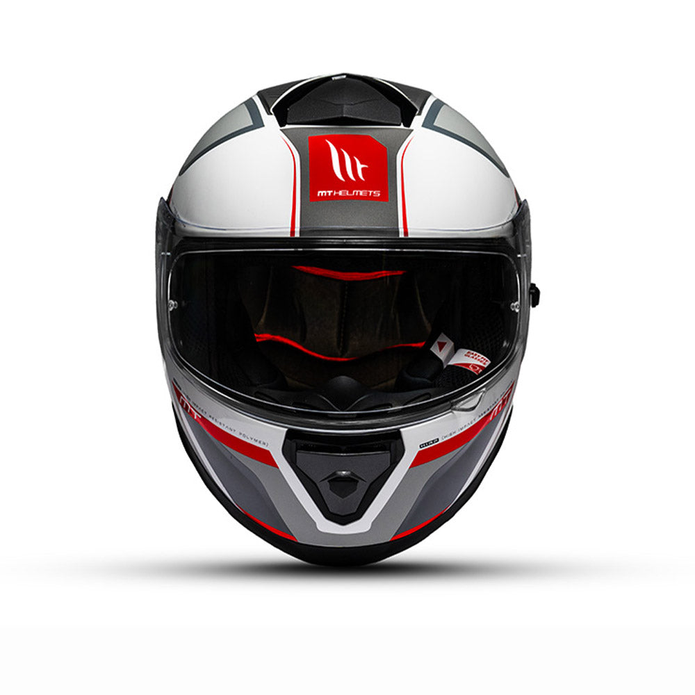 Gloss motorcycle helmet front view, white shell with black visor and red/gray accents.