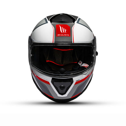 Gloss motorcycle helmet front view, white shell with black visor and red/gray accents.