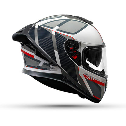 Gloss motorcycle helmet, side view, white/black shell with red stripe and tinted visor.