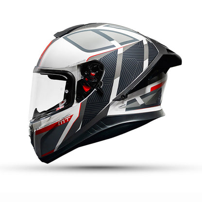 Gloss motorcycle helmet in white and black with red accents, open face visor.