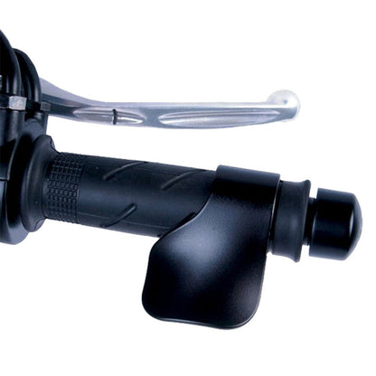 Close-up of black throttle assist attached to handlebar grip with silver mounting stem
