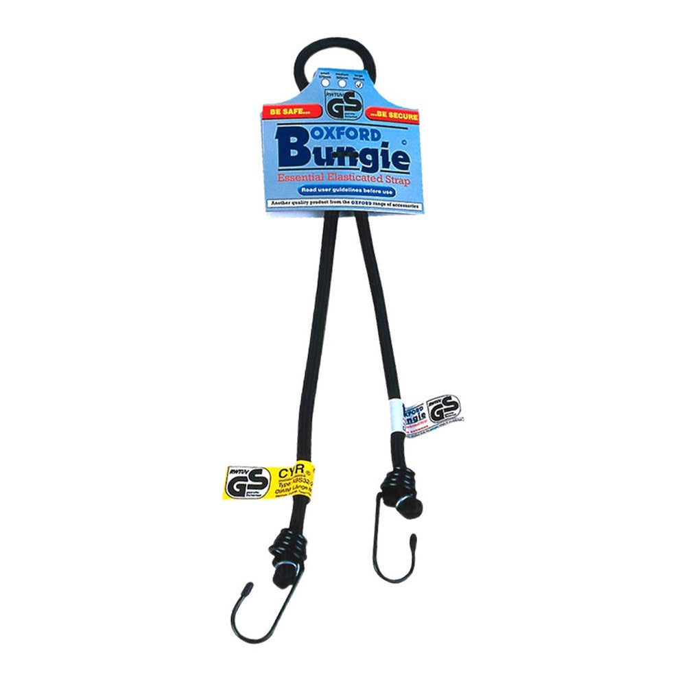 Oxford black bungee cord with two metal hooks and GS/TUV safety labels