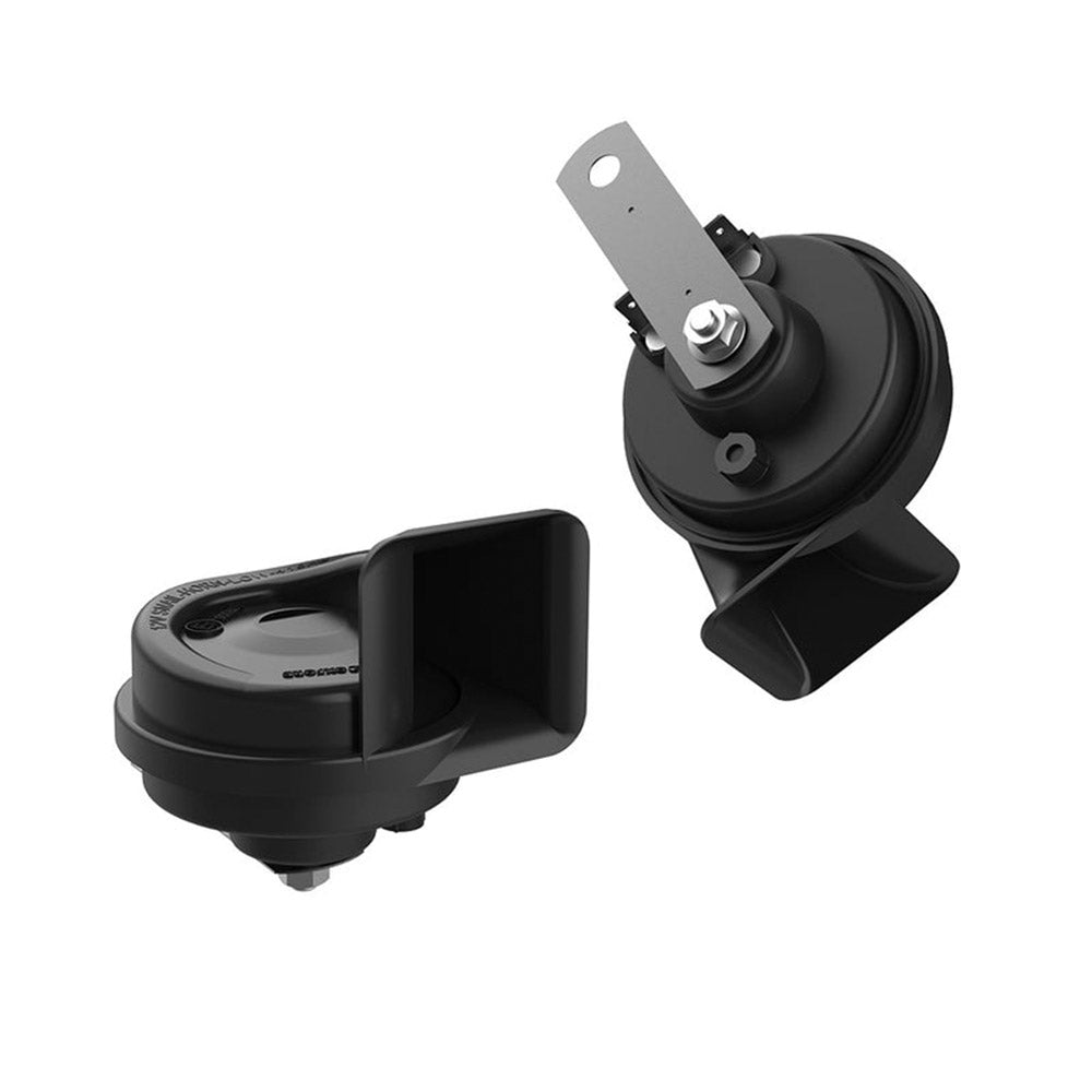 Black 12V motorcycle horn with compact electromagnetic housing and mounting bracket