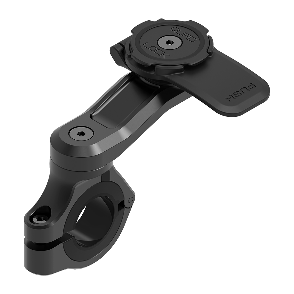 Black motorcycle handlebar mount clamp with circular base and bolt holes