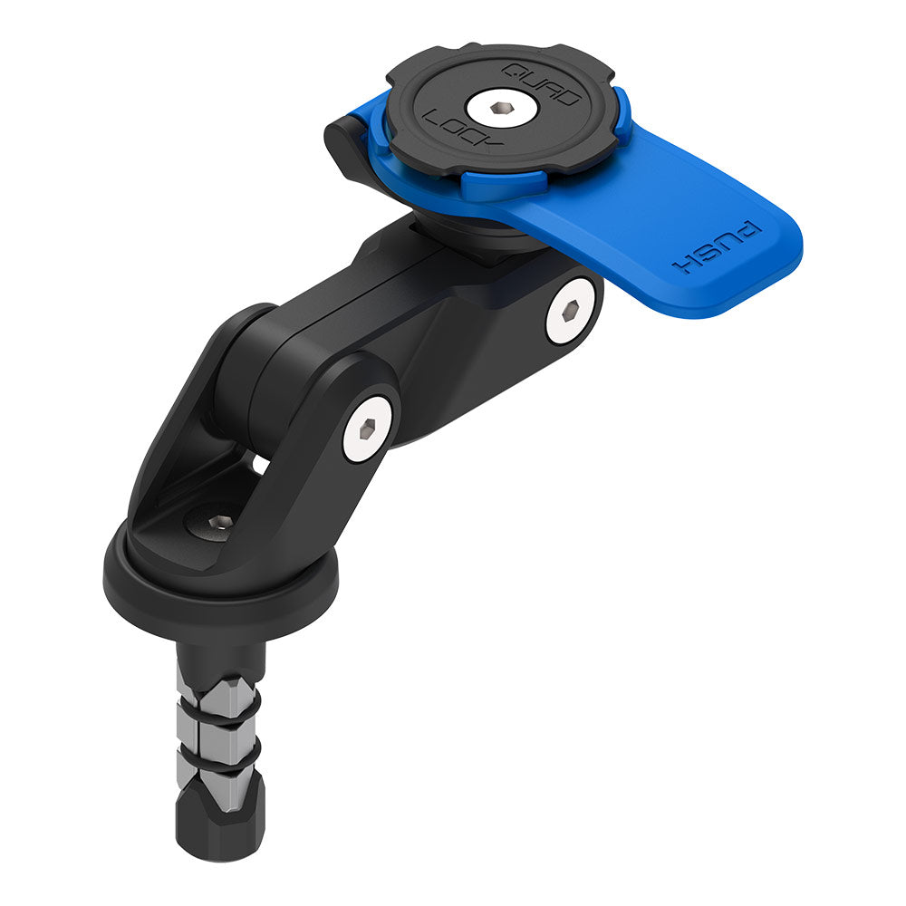 Motorcycle fork stem mount, black clamp with blue lever and circular locking cap