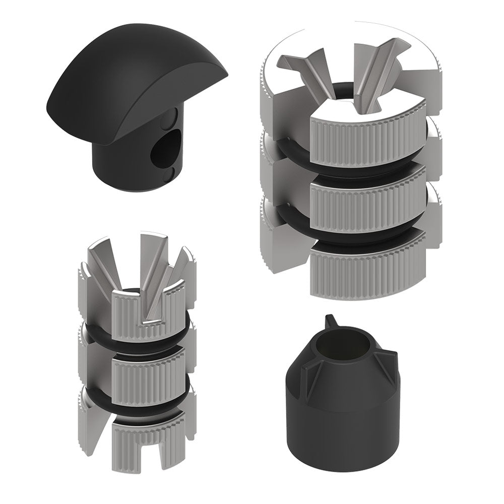 Black fork stem replacement mount with clamp teeth and cylindrical connector