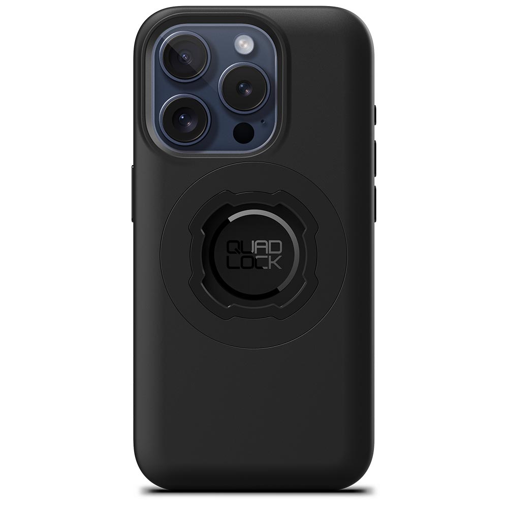 Black iPhone 15 Pro case with Quad Lock circular mount and camera cutouts