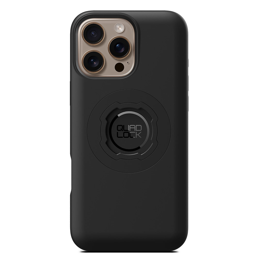 Black iPhone 16 Pro Max case with Quad Lock circle mount and camera cutouts