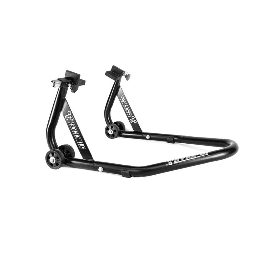 Black motorcycle paddock stand angled view with top supports and caster wheels