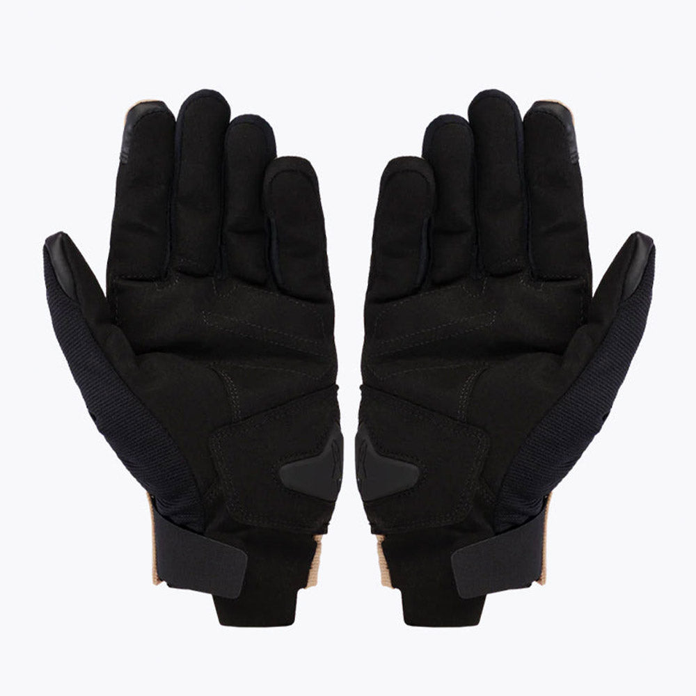 Black motorcycle gloves with padded knuckles and grip panels.