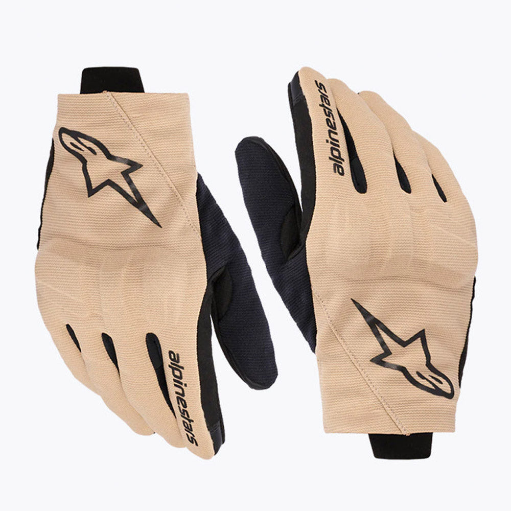 Sand and black motorcycle gloves with Alpinestars logo and padded knuckles.