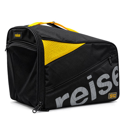 Black and yellow helmet bag with large gray reise print, front zipper, and carry strap