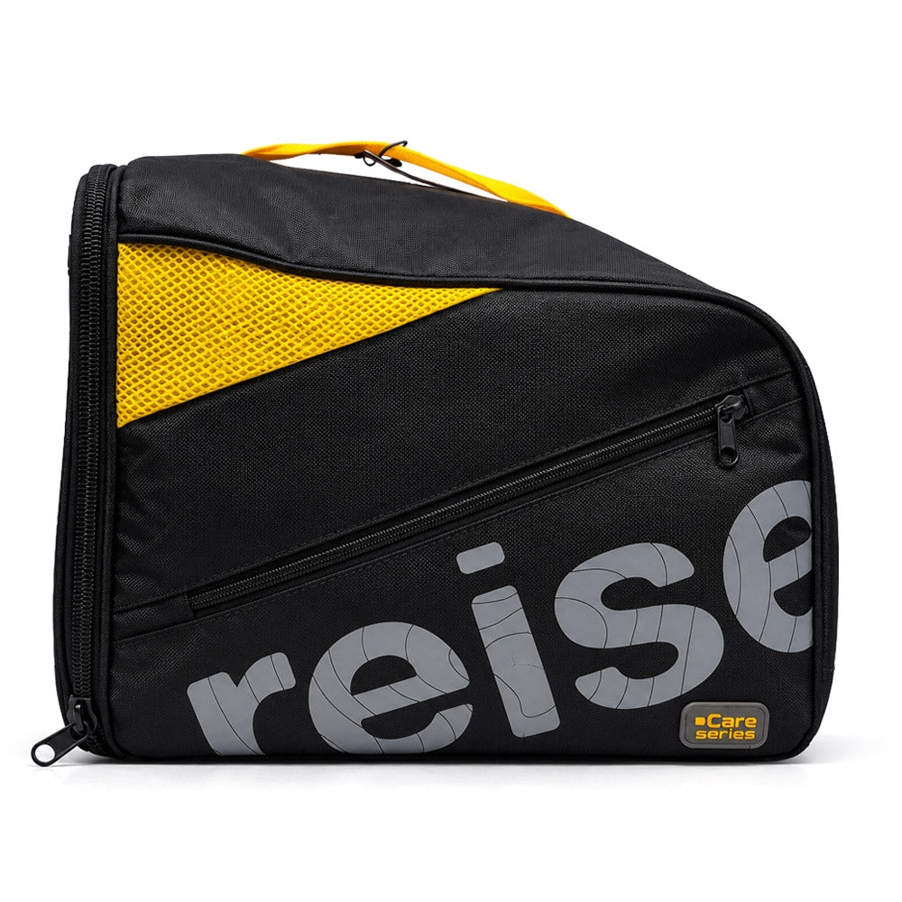 Black and yellow helmet bag with front zipper, gray reise lettering, and yellow triangle