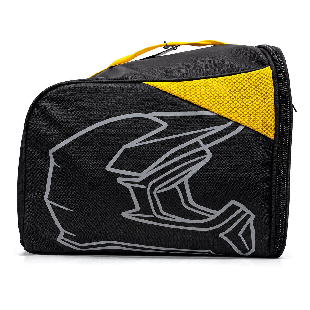 Black and yellow motorcycle helmet bag with gray helmet graphic and top handle