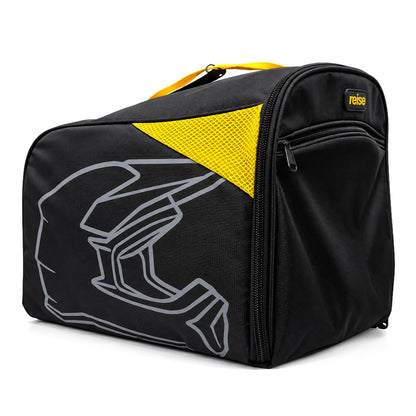 Black and yellow helmet bag with side zipper pocket and reise patch