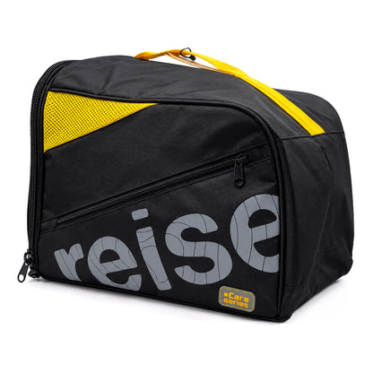 Black helmet bag with large gray reise lettering, yellow trim, and Care steps badge