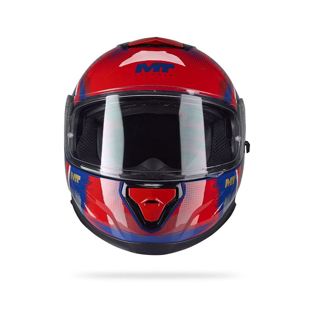 Motorcycle helmet with clear front visor, red-blue glossy graphics and black chin guard