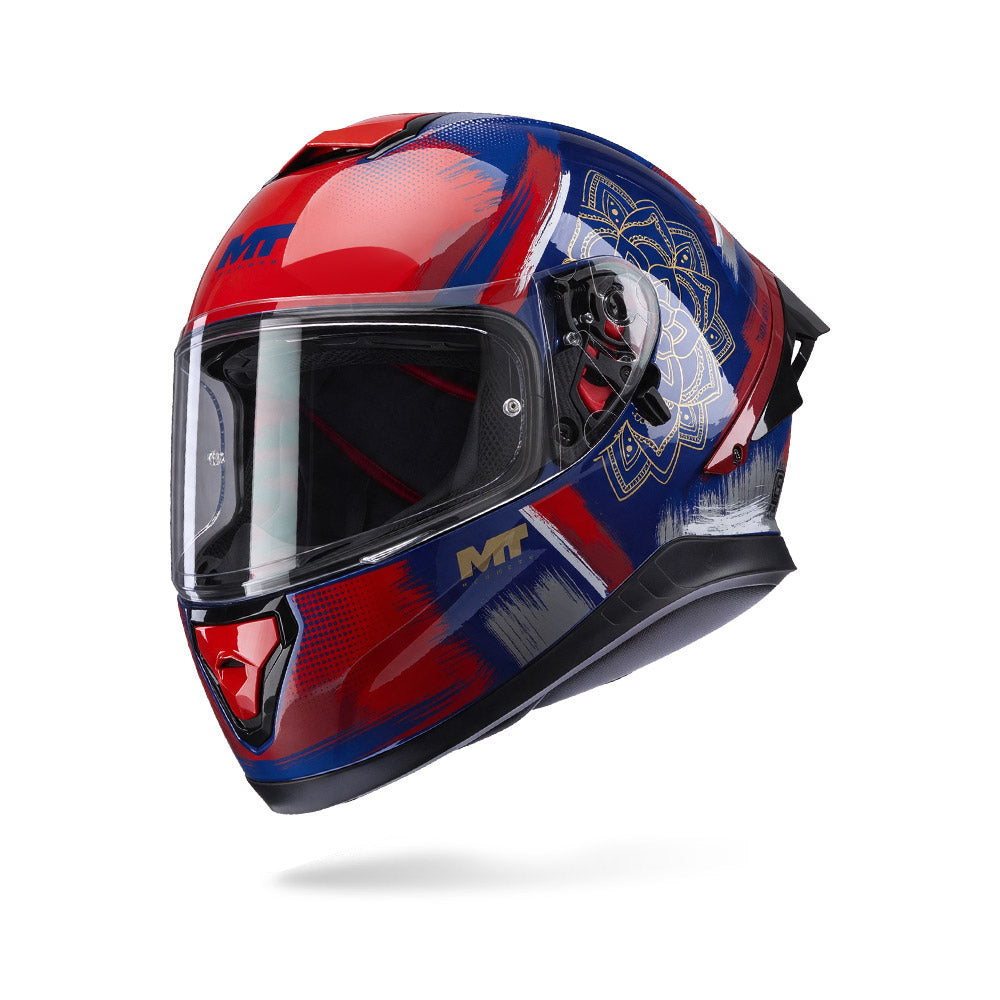 Glossy motorcycle helmet with clear visor, red-blue graphic design and black trim