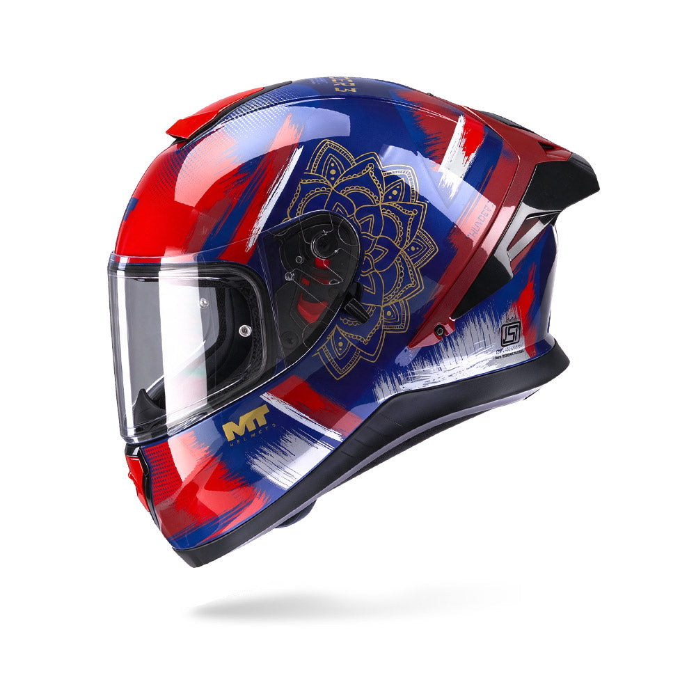 Motorcycle helmet with clear visor and red-blue side graphics, black chin guard
