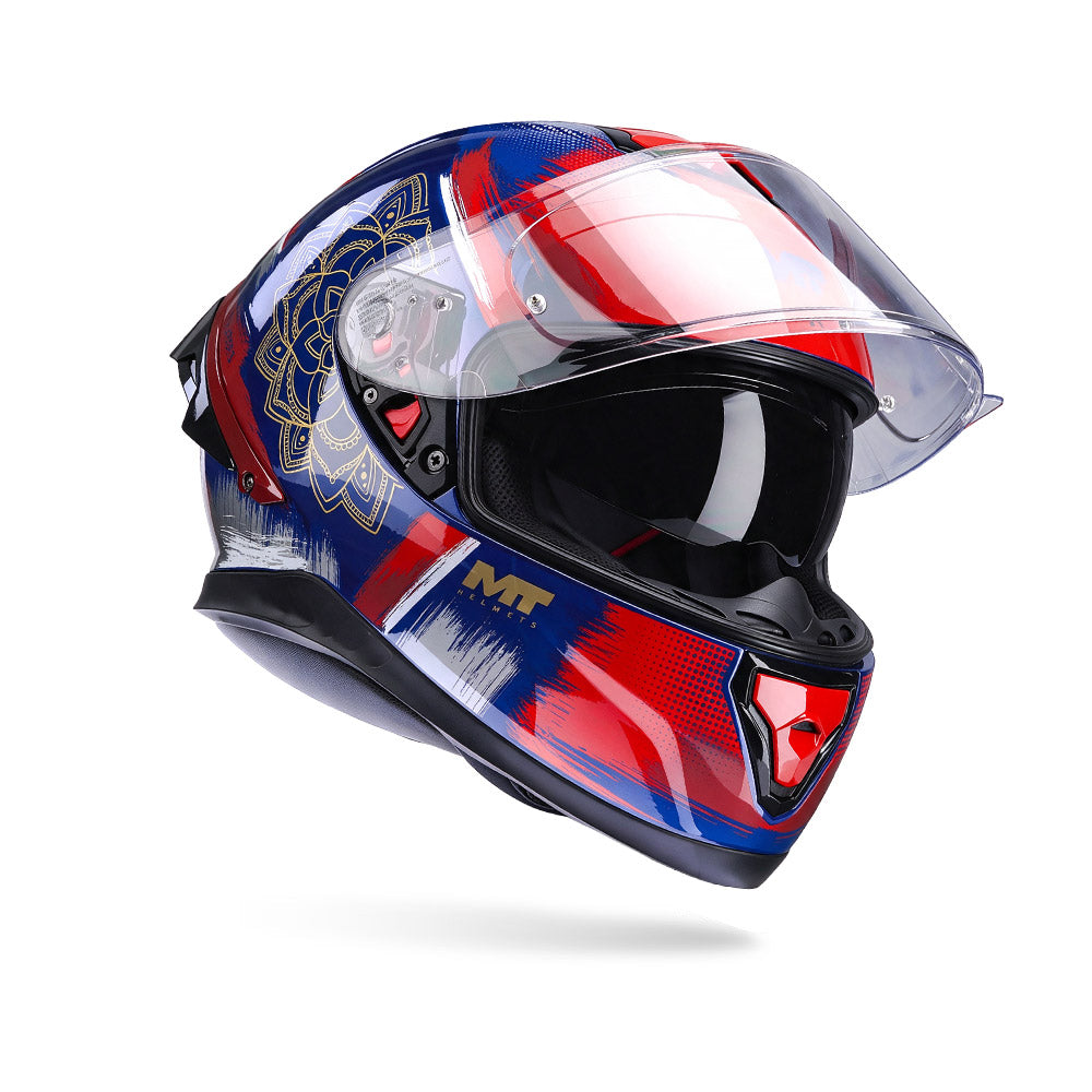 Motorcycle helmet with clear flip-up visor, red-blue graphic shell and black chin guard