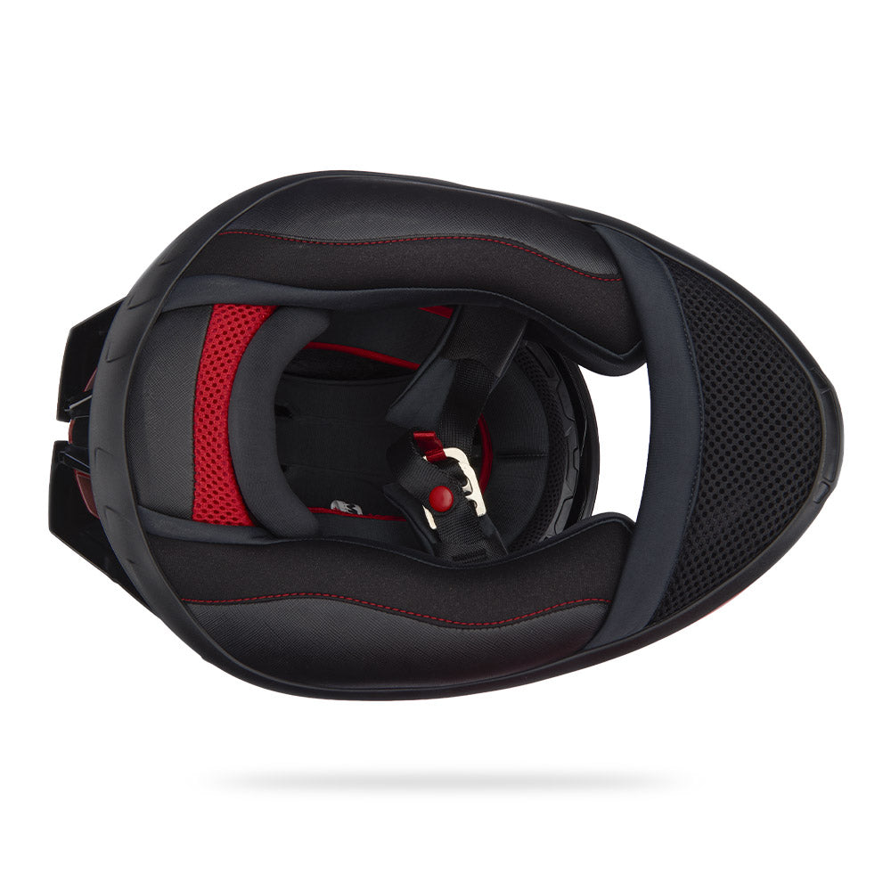 Motorcycle helmet interior padding with red accents and black shell
