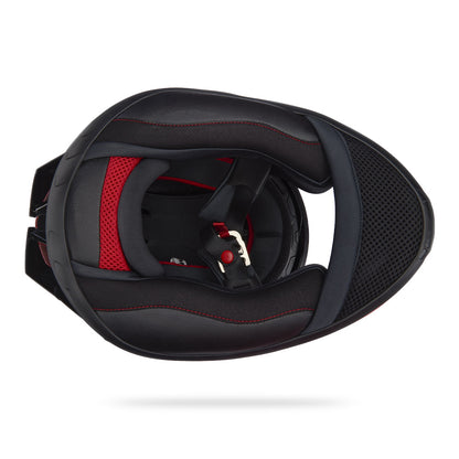Motorcycle helmet interior padding with red accents and black shell