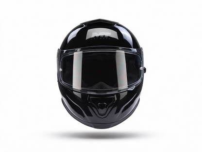 Black full-face motorcycle helmet with clear visor and top logo panel