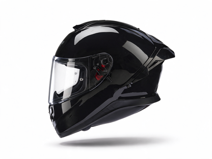 Black motorcycle helmet side view with flip-down clear visor and chin guard