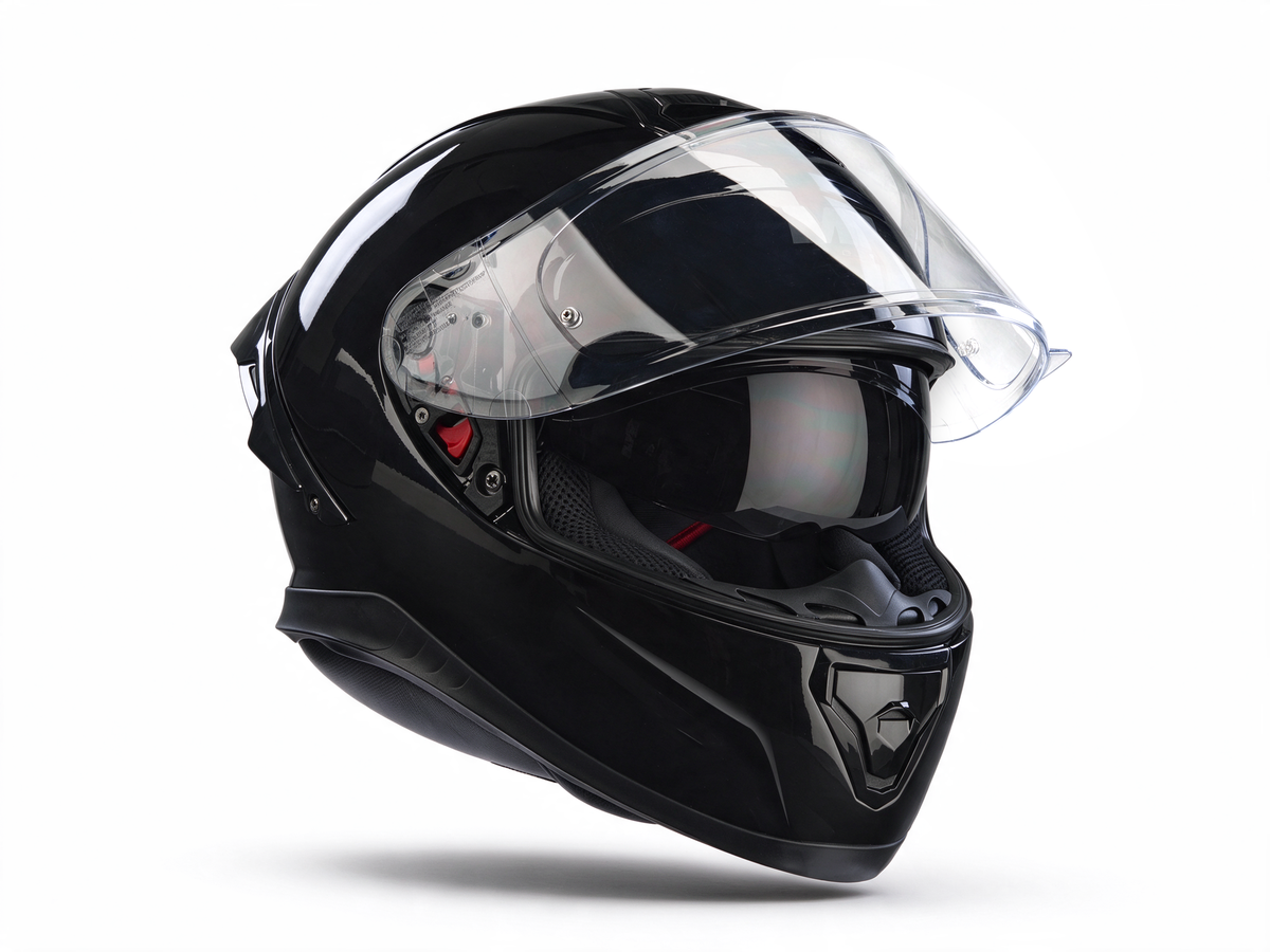 Black glossy full-face motorcycle helmet with clear visor and side air intake