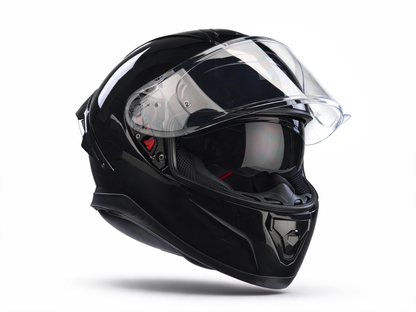 Black glossy full-face motorcycle helmet with clear visor and side air intake