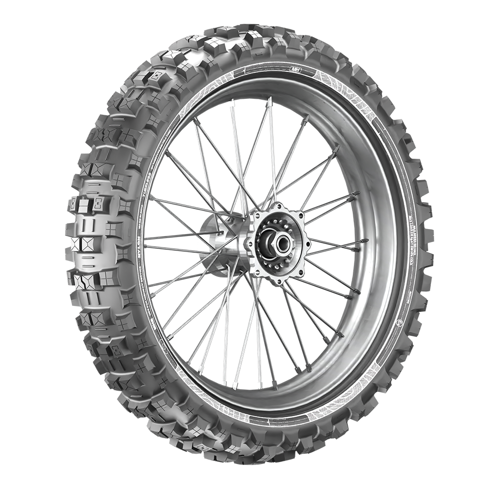 Front tubeless tyre angled front view on spoked rim with large tread lugs
