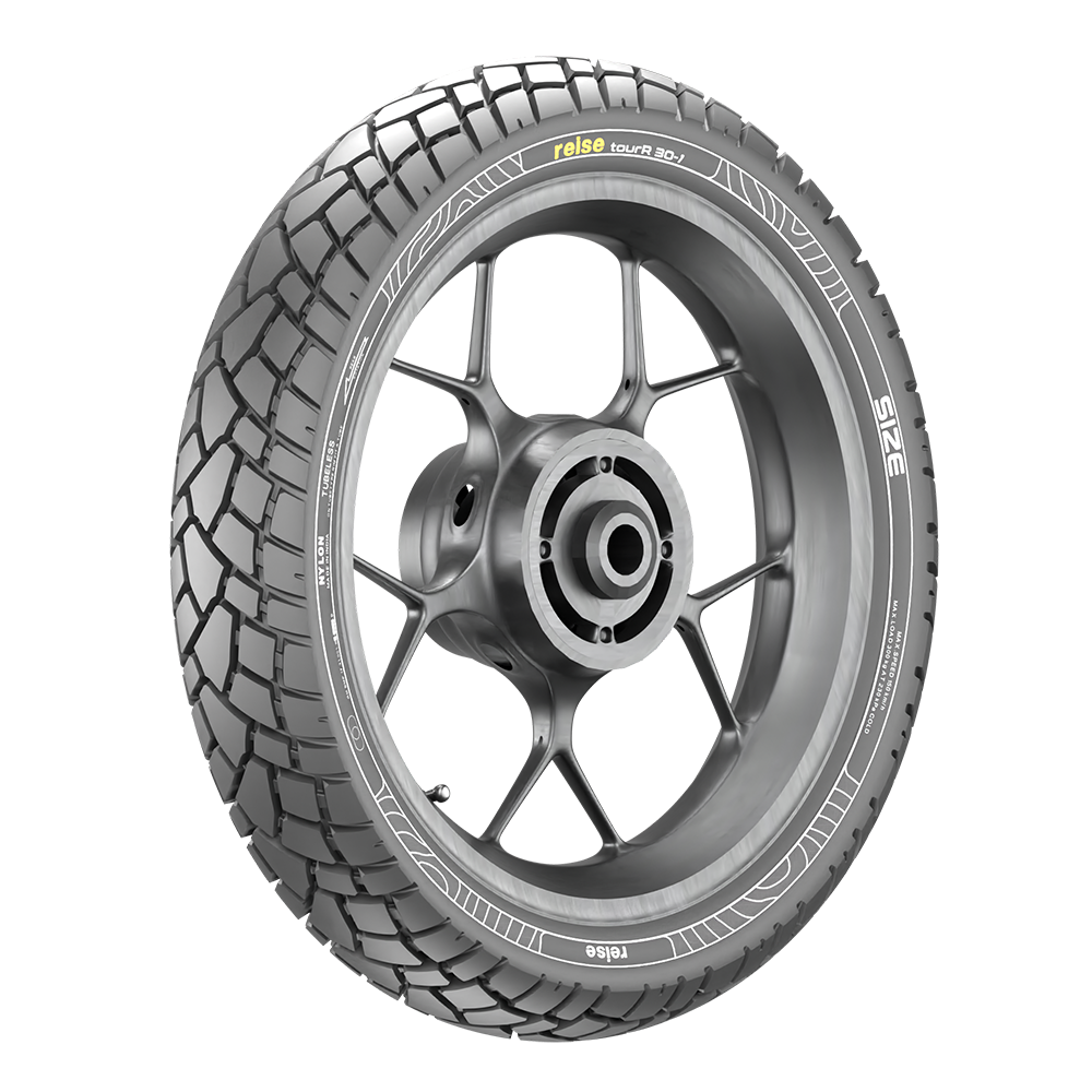 Front tube tyre mounted on a wheel with a silver rim and block tread