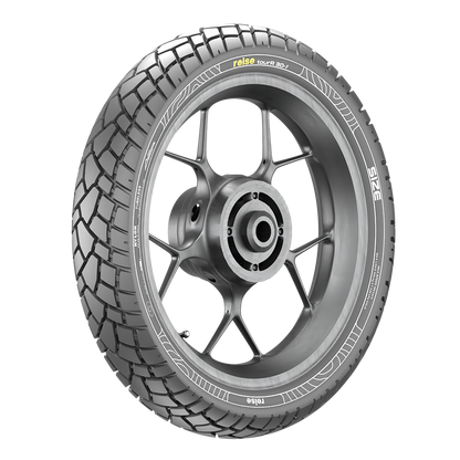 Front tube tyre mounted on a wheel with a silver rim and block tread