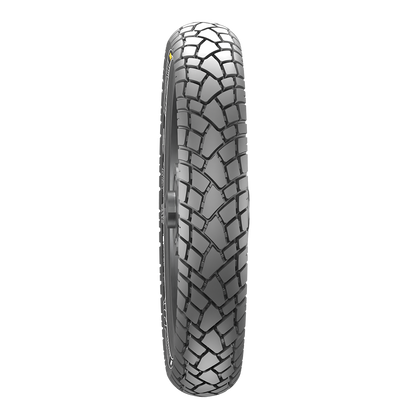 Tube-type rear tyre in profile, showing deep block tread and ribbed sidewall