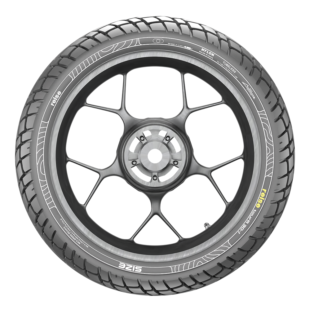 Tube-type rear tyre with block tread on black rim, silver wheel hub and spokes