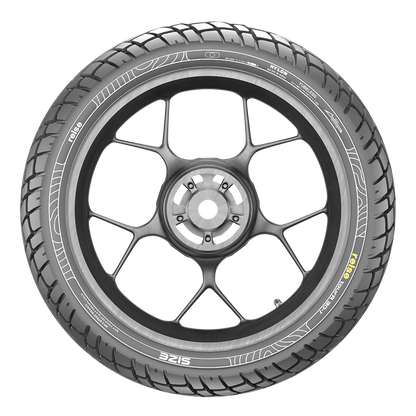 Tube-type rear tyre with block tread on black rim, silver wheel hub and spokes
