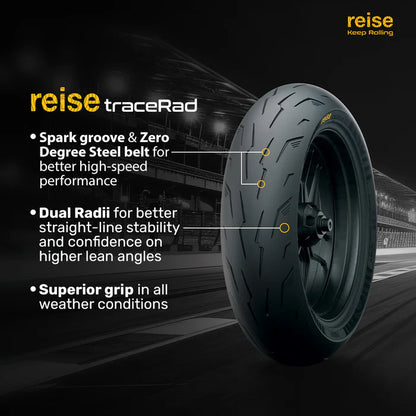 Tubeless rear motorcycle tire in side view, black tread, 'reise' logo