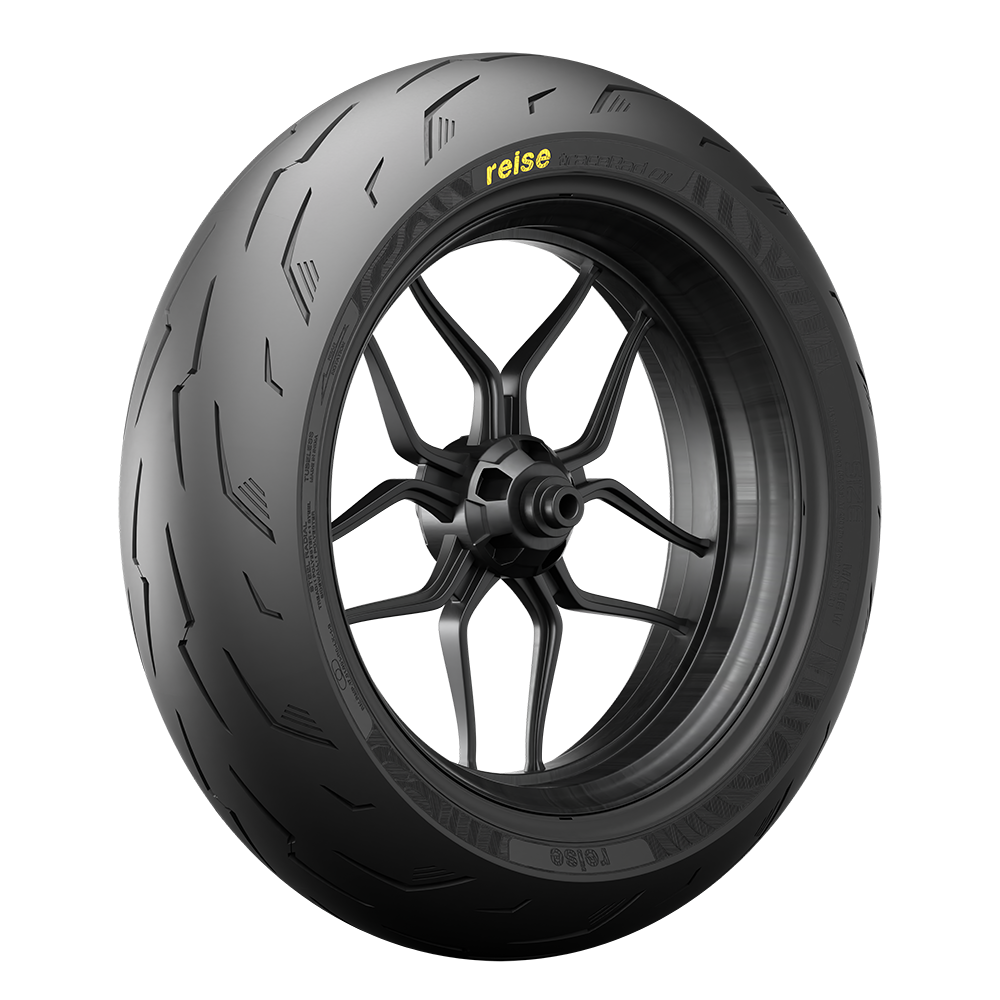 Front tubeless tire with wheel hub, black rim and V-groove tread