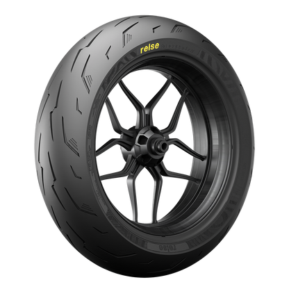 Front tubeless tire with wheel hub, black rim and V-groove tread