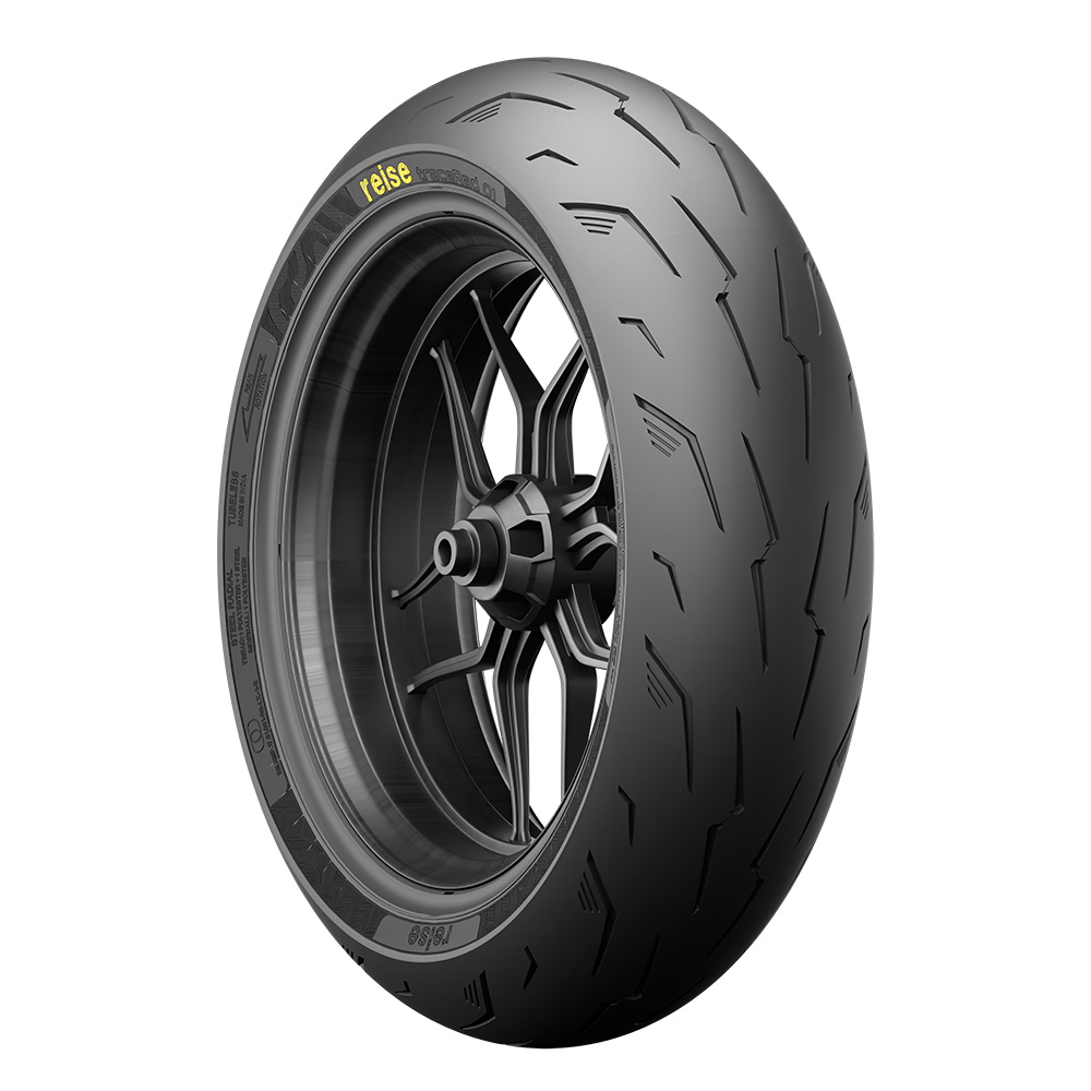 Front tubeless motorcycle tyre with black tread and rim spokes, side angle view