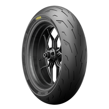 Front tubeless motorcycle tyre with black tread and rim spokes, side angle view