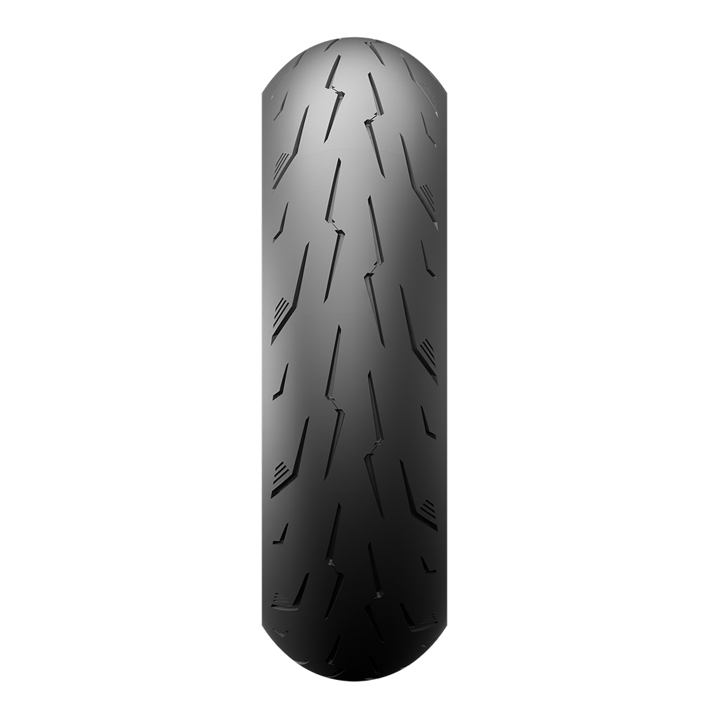 Front tubeless motorcycle tyre tread pattern, standing upright profile view