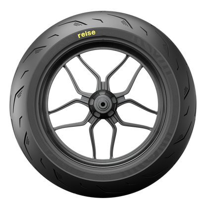 Front tubeless motorcycle tyre with black rim spokes, front view